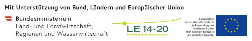 Mit Unterstützung von Bund, Ländern und Europäischer Union. Bundesministerium Landwirtschaft, Regionen und Tourismus, LE 14-20 Entwicklung für den ländlichen Raum, Europäischer Landwirtschaftsfonds für die Entwicklung des ländlichen Raums: Hier investiert Europa in die ländlichen Gebiete.