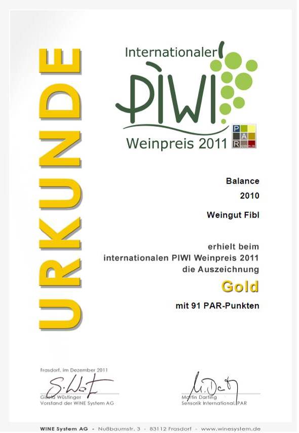 Urkunde PIWI Weinpreis 2011